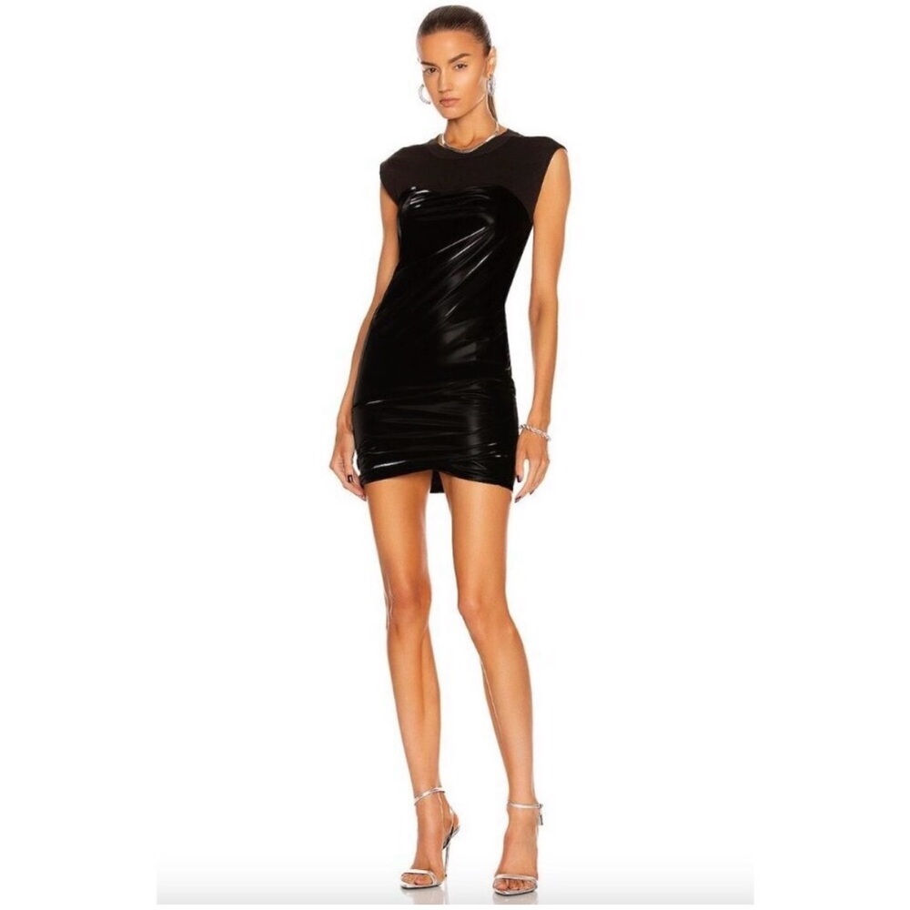 NEW RTA Black Isabella Vinyl Bodycon Ruched Glossy Mini Dress Small Edgy Classic
